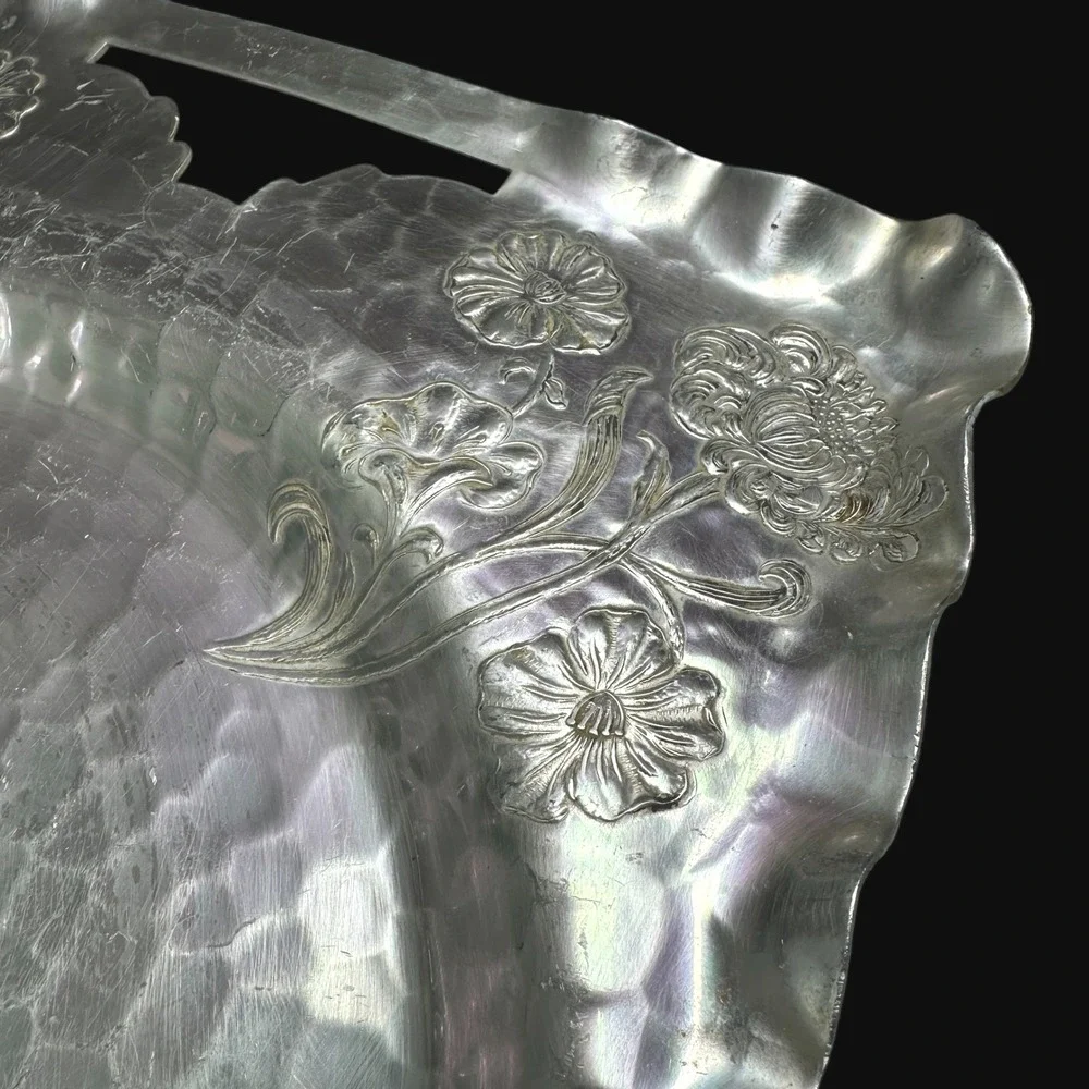 Vintage Hand Forged Hammered Aluminum Floral Serving Tray 88 Ruffled Edge 16.5in
